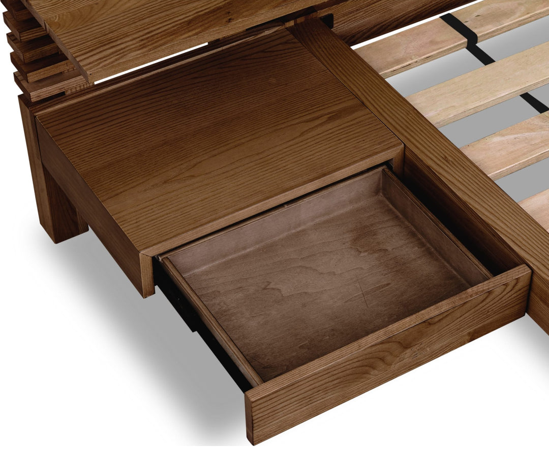 Tanner Solid Ash Wall Bed with Integrated Nightstands in Roux — close-up of an integrated nightstand