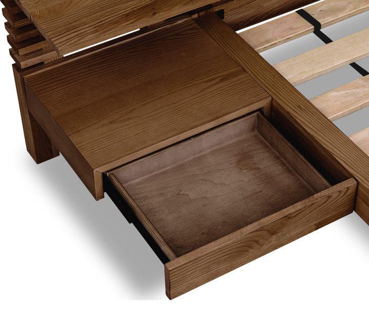 Tanner Solid Ash Wall Bed with Integrated Nightstands in Roux — close-up of an integrated nightstand