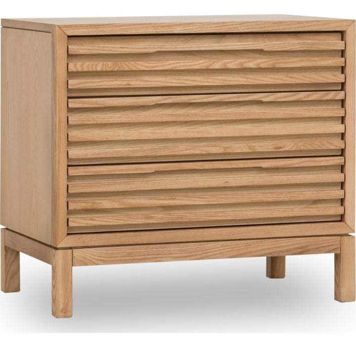 Tanner Three Drawer USB-Charging Nightstand in Flaxen — on a white background