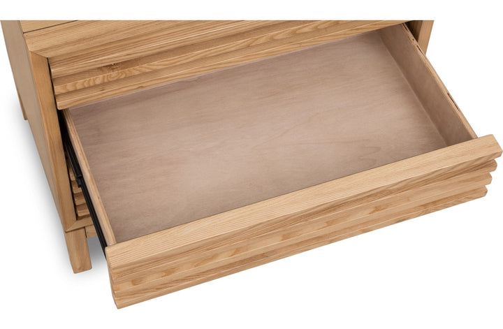 Tanner Three Drawer USB-Charging Nightstand in Flaxen — with drawers open