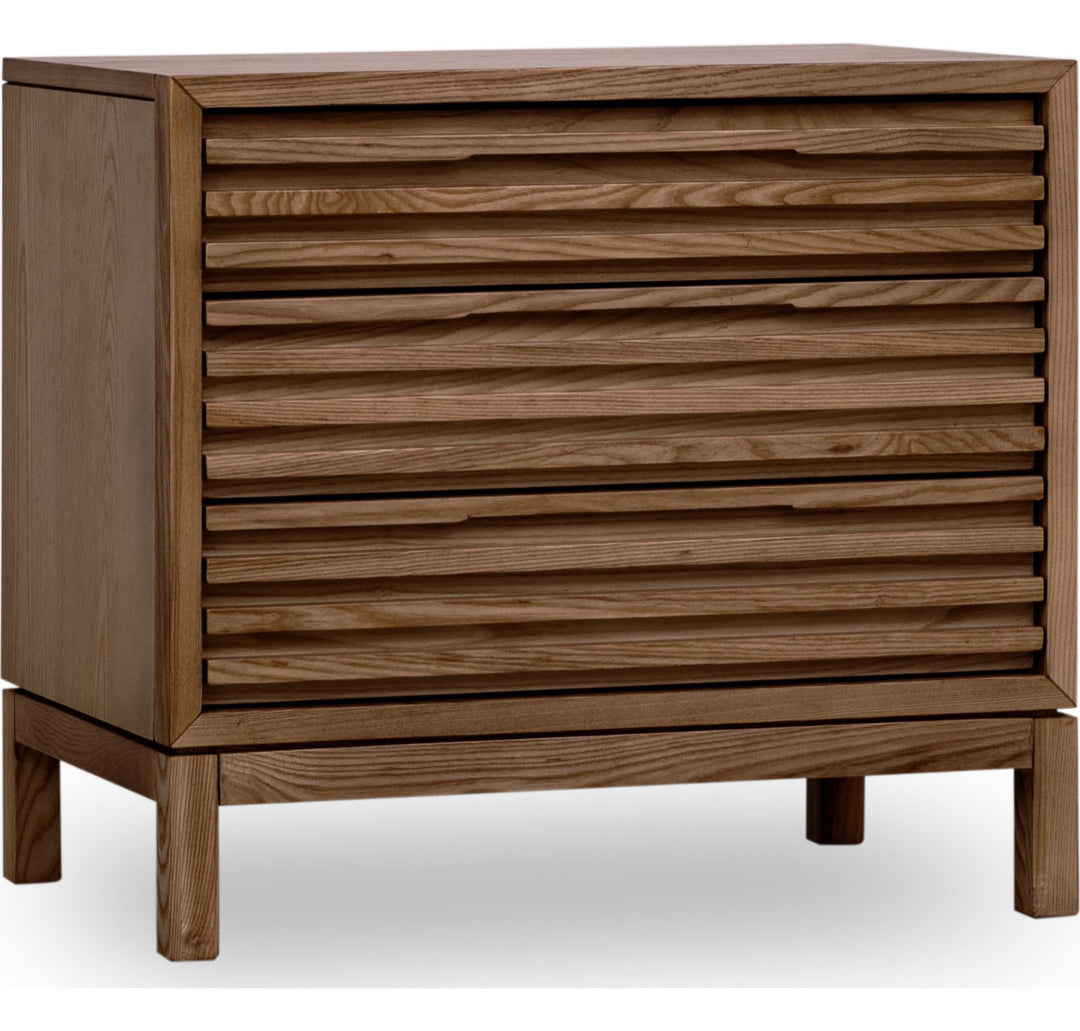 Tanner Three Drawer USB-Charging Nightstand in Roux — on a white background