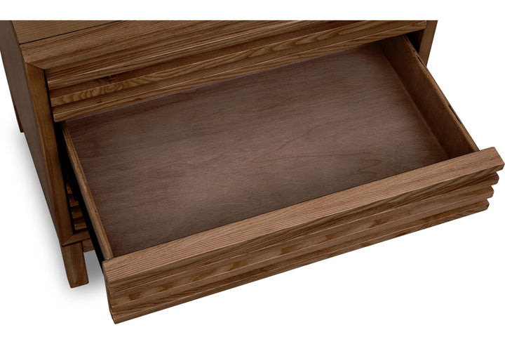 Tanner Three Drawer USB-Charging Nightstand in Roux — with drawers open