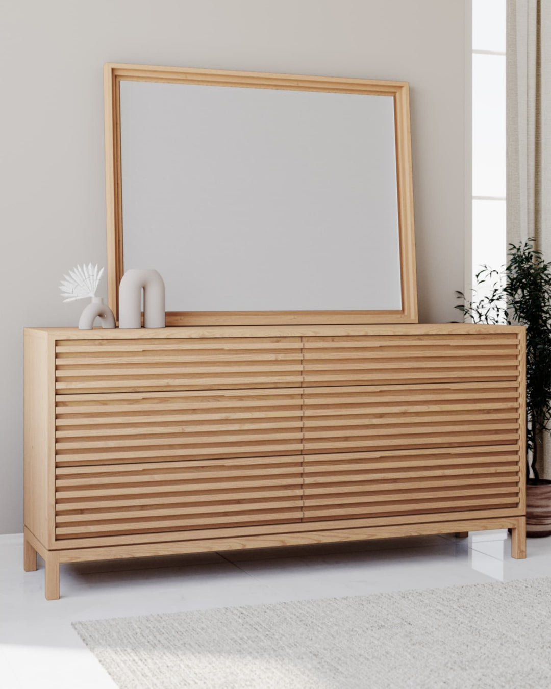 Tanner Wall or Dresser Mirror in Flaxen — styled on the matching dresser (sold separately)