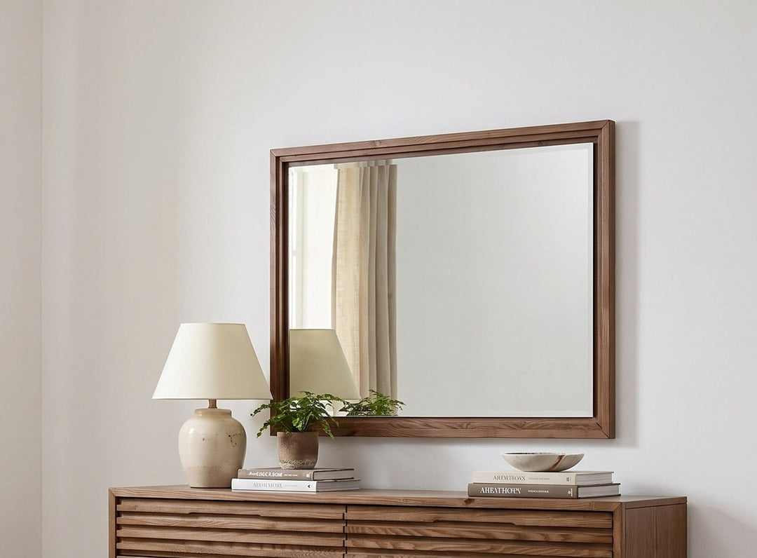 Tanner Wall or Dresser Mirror in Roux — styled on the matching dresser (sold separately)