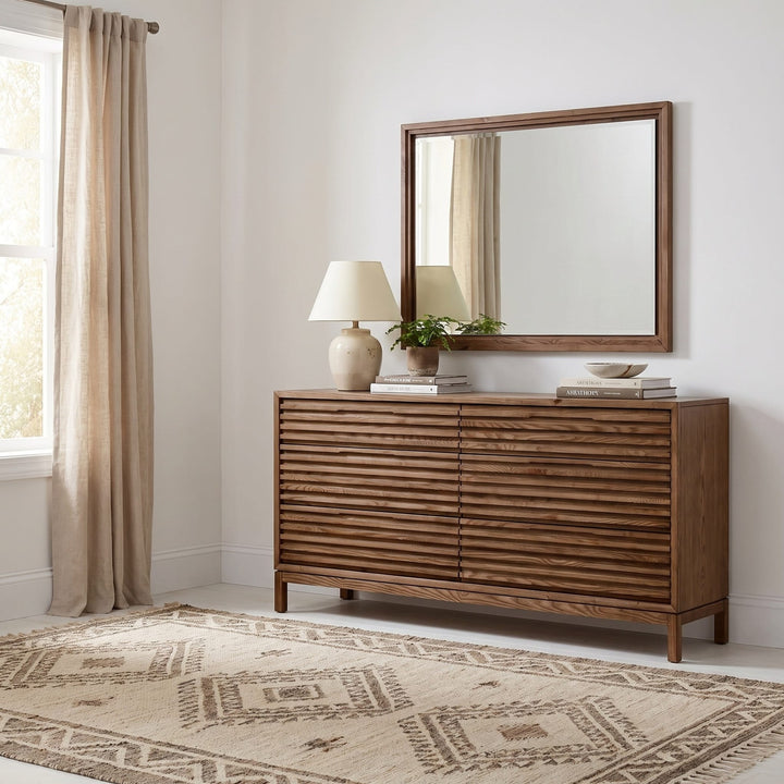Tanner Wall or Dresser Mirror in Roux — styled on the matching dresser (sold separately)
