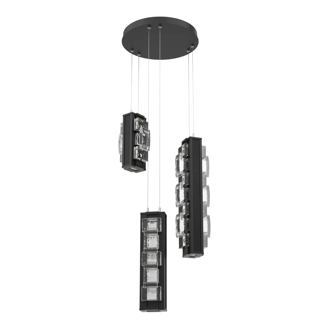 Tessera Round Pendant Chandelier by Hammerton Studio – 3 Lights in Matte Black with Leather - Licorice accent
