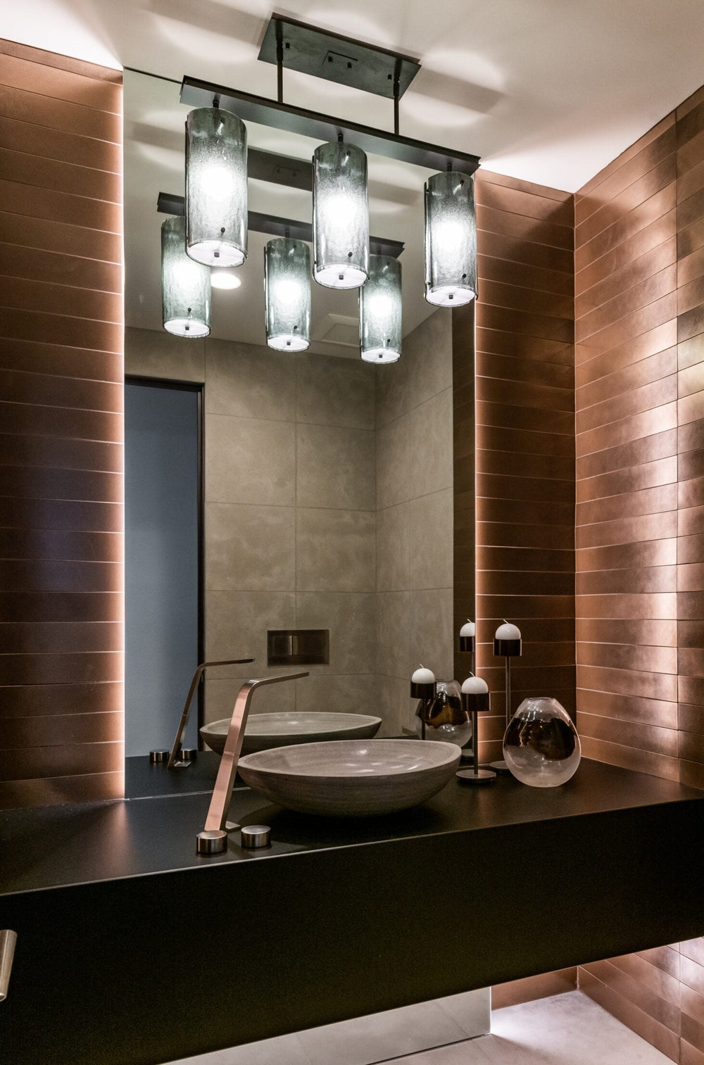 Textured Glass Linear Pendant Chandelier by Hammerton Studio in a styled interior
