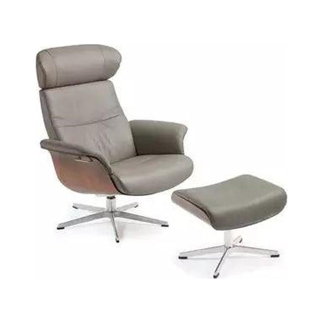 Timeout Recliner + Footstool – Cement Leather/Walnut Conform