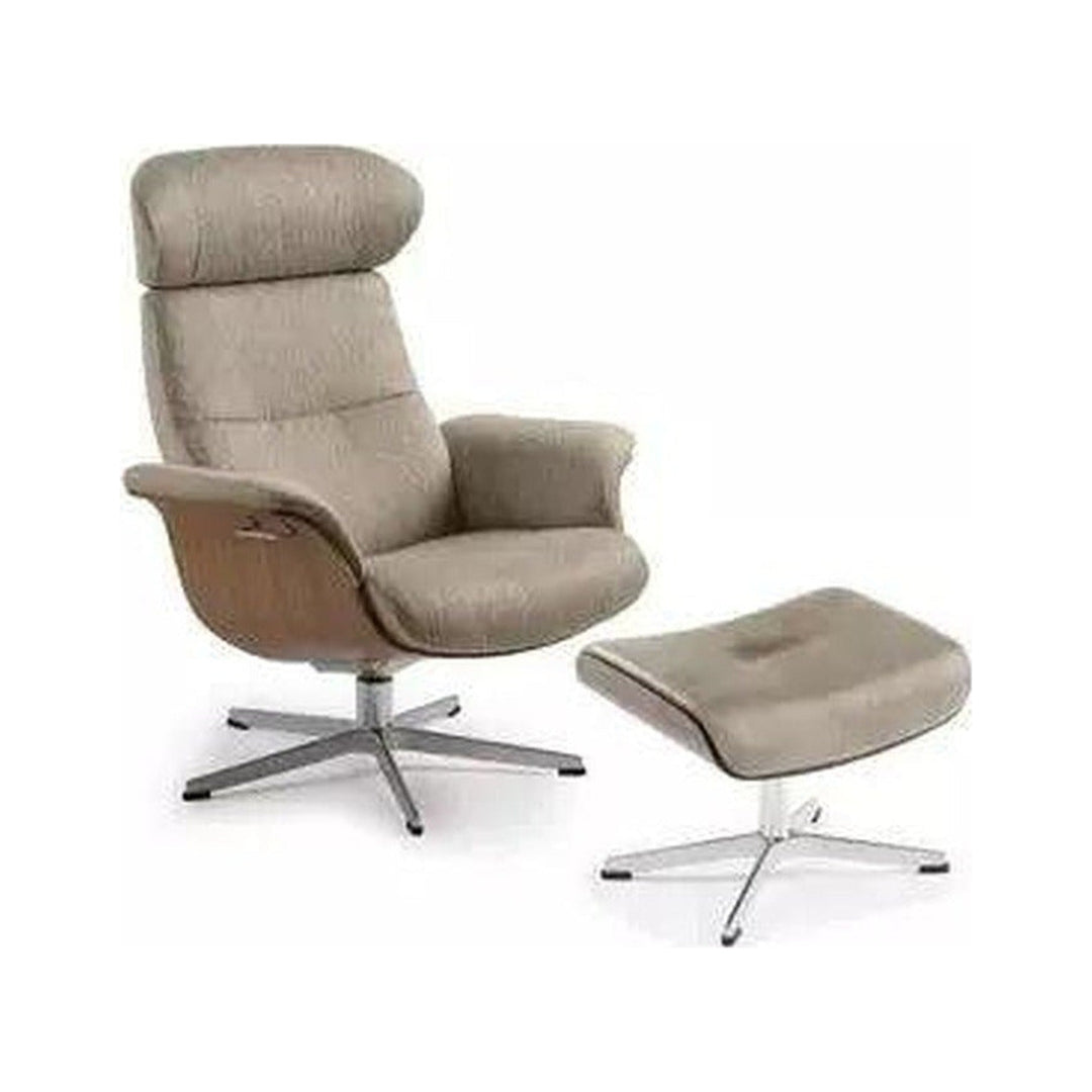 Timeout Recliner + Footstool – Taupe Leather/Walnut Conform