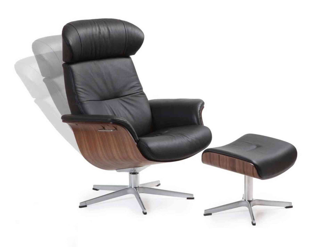 Timeout colorway — Quick Ship Black Leather / Walnut (chair+ottoman)