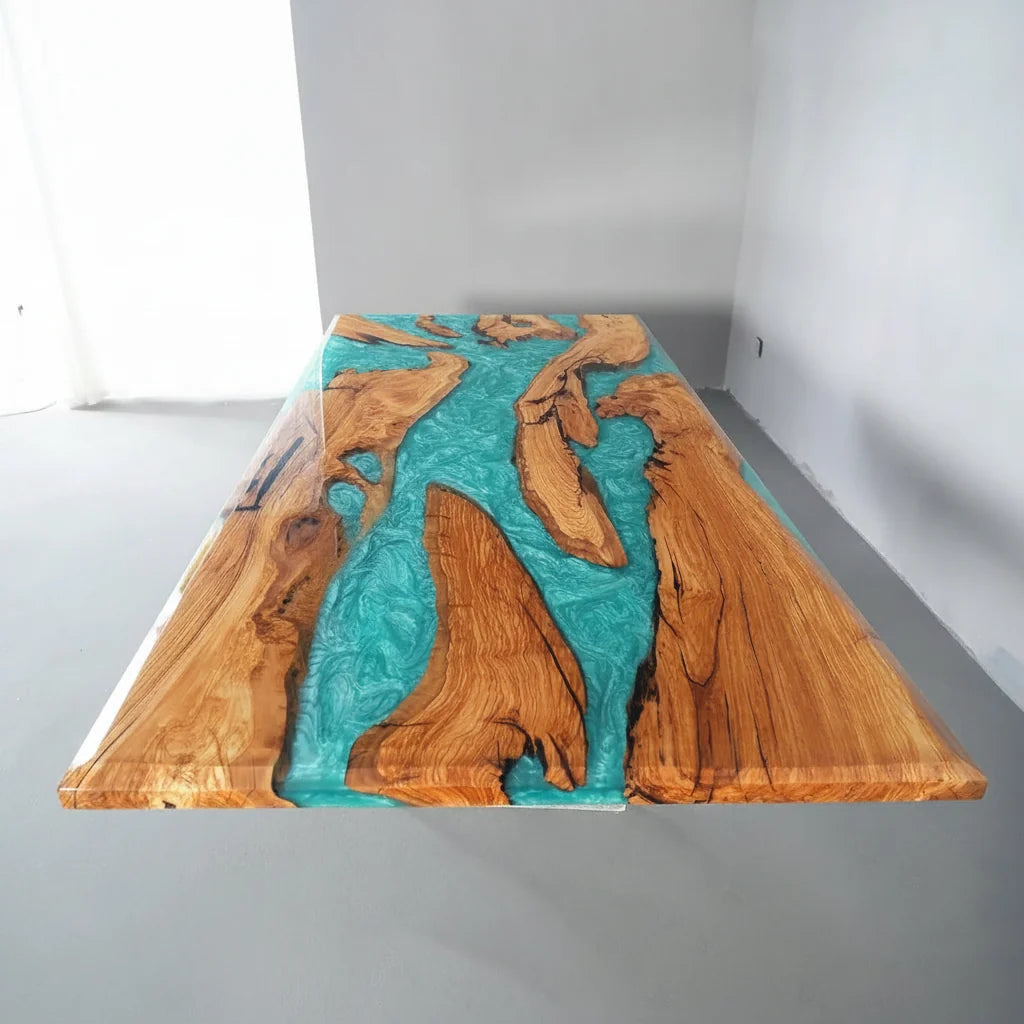 Olive Wood Turquoise River Dining Table by Thomas Dawn