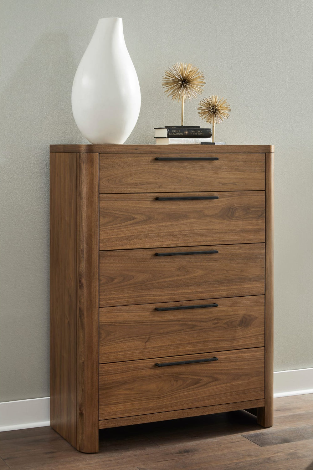 Totes Five Drawer Chest in English Walnut — styled in a room