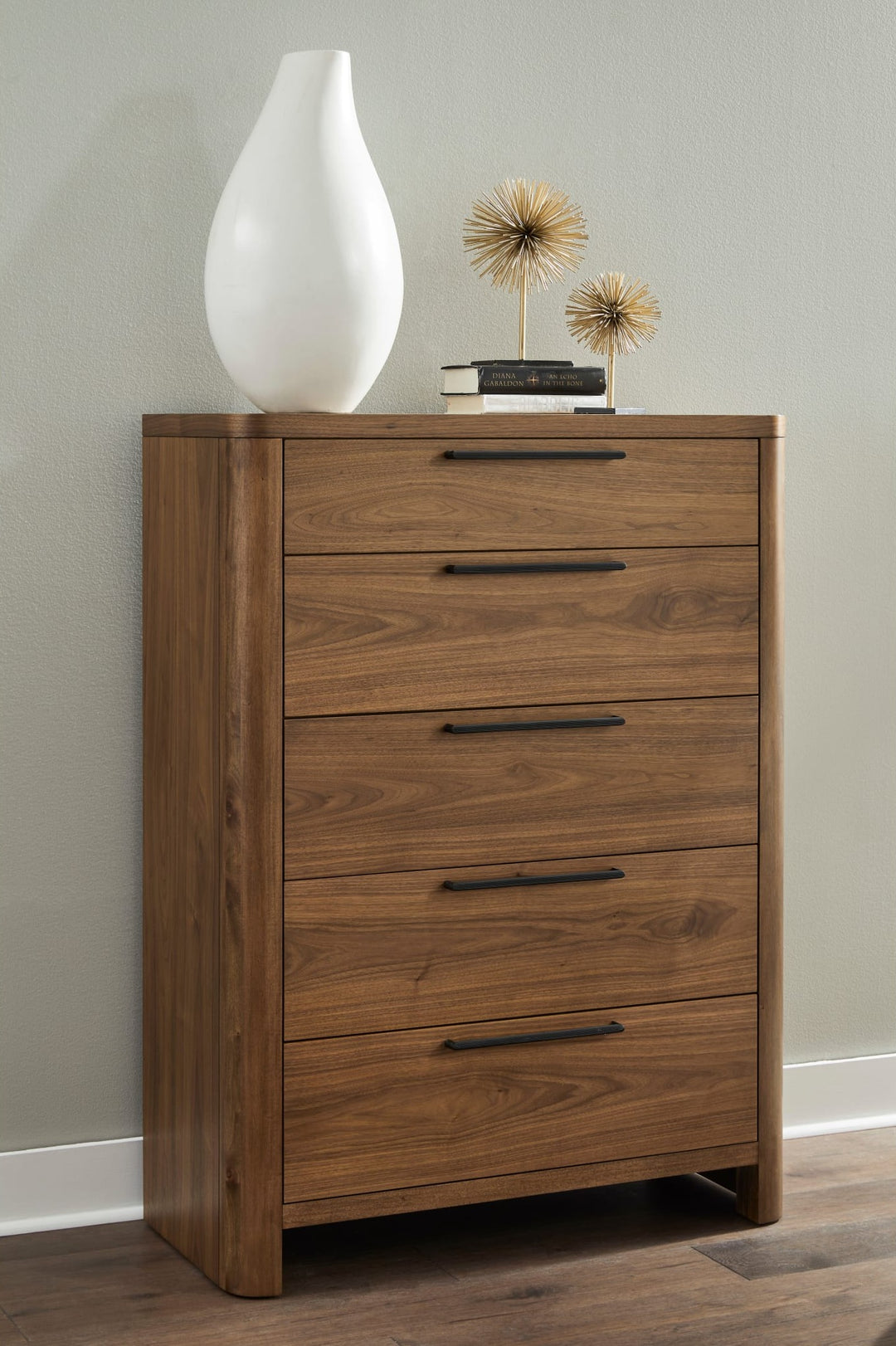 Totes Five Drawer Chest in English Walnut — styled in a room
