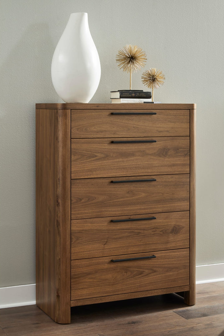 Totes Five Drawer Chest in English Walnut — styled in a room