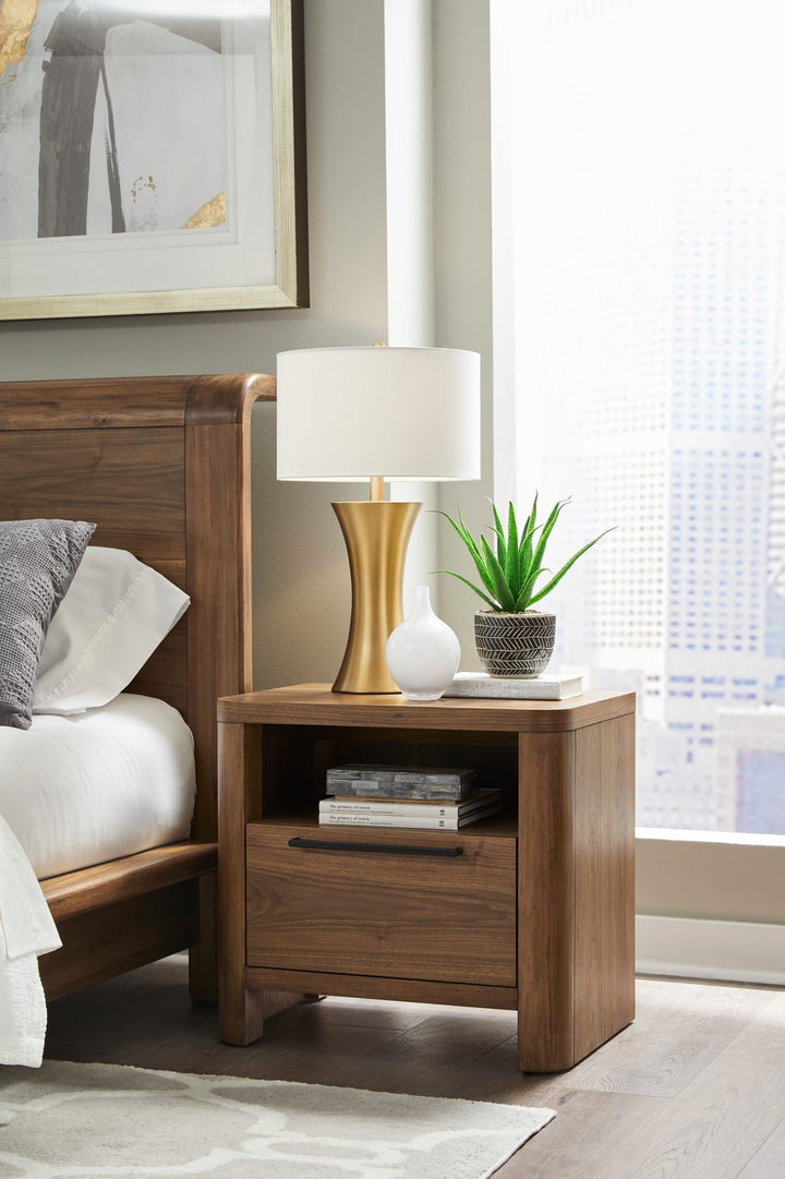 Totes One Drawer Nightstand in English Walnut — in a bedroom setting