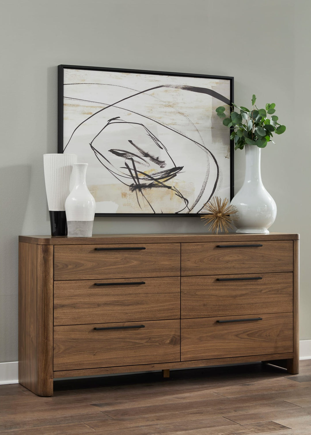 Totes Six Drawer Dresser in English Walnut — styled in a room