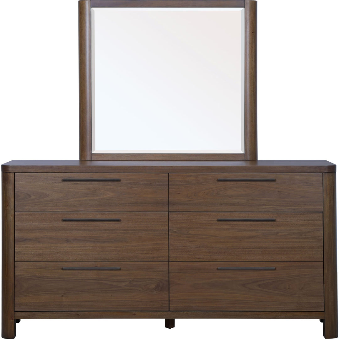 Totes Six Drawer Dresser in English Walnut — on a white background with the matching mirror (sold separately)