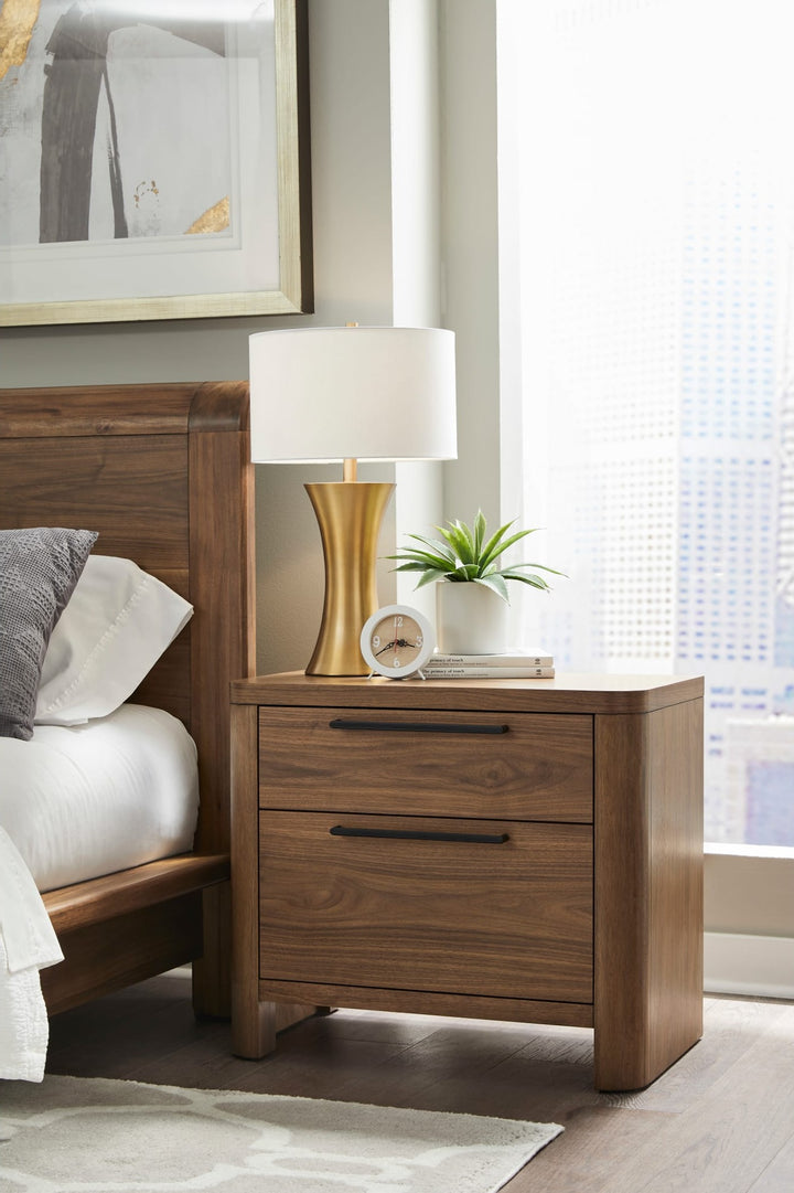 Totes Two Drawer Nightstand in English Walnut — in a bedroom setting