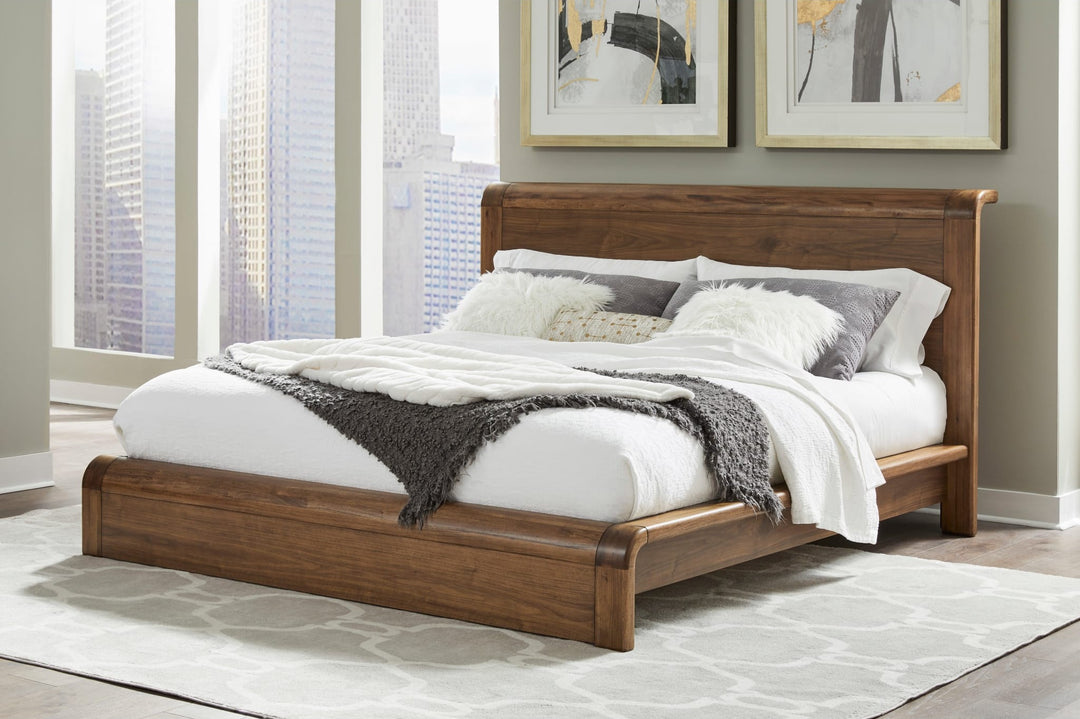 Totes Wood Platform Bed in English Walnut styled in a bedroom