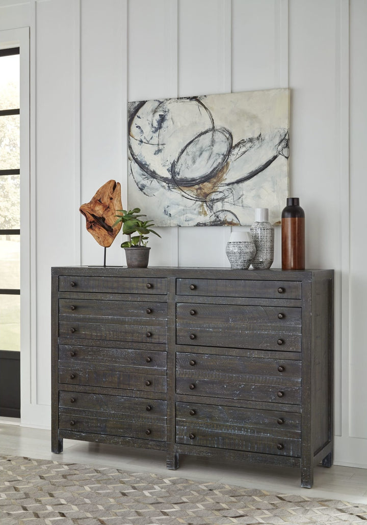 Townsend Eight Drawer Solid Wood Dresser in Gunmetal — styled in a room