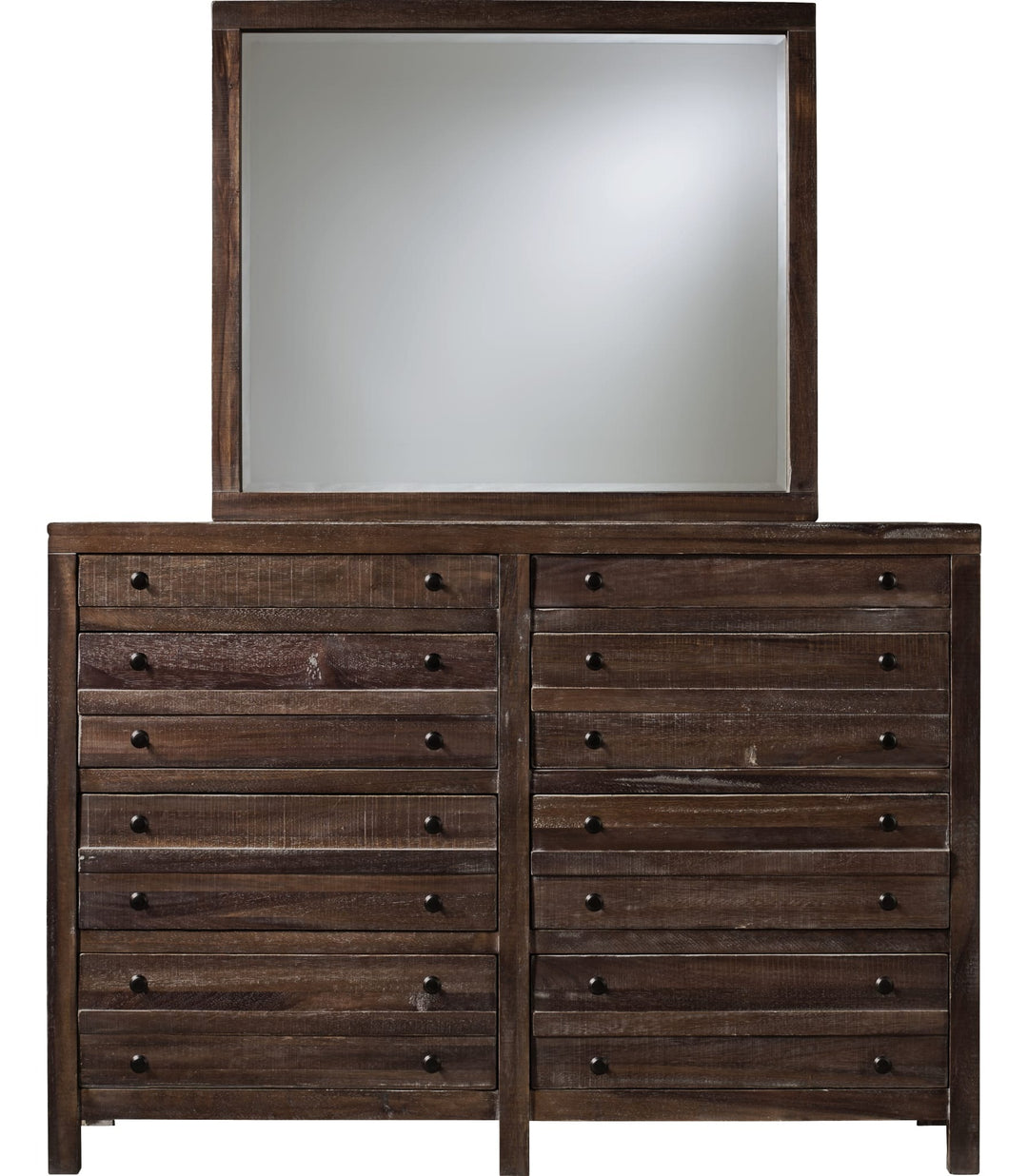 Townsend Eight Drawer Solid Wood Dresser in Java — on a white background with the matching mirror (sold separately)