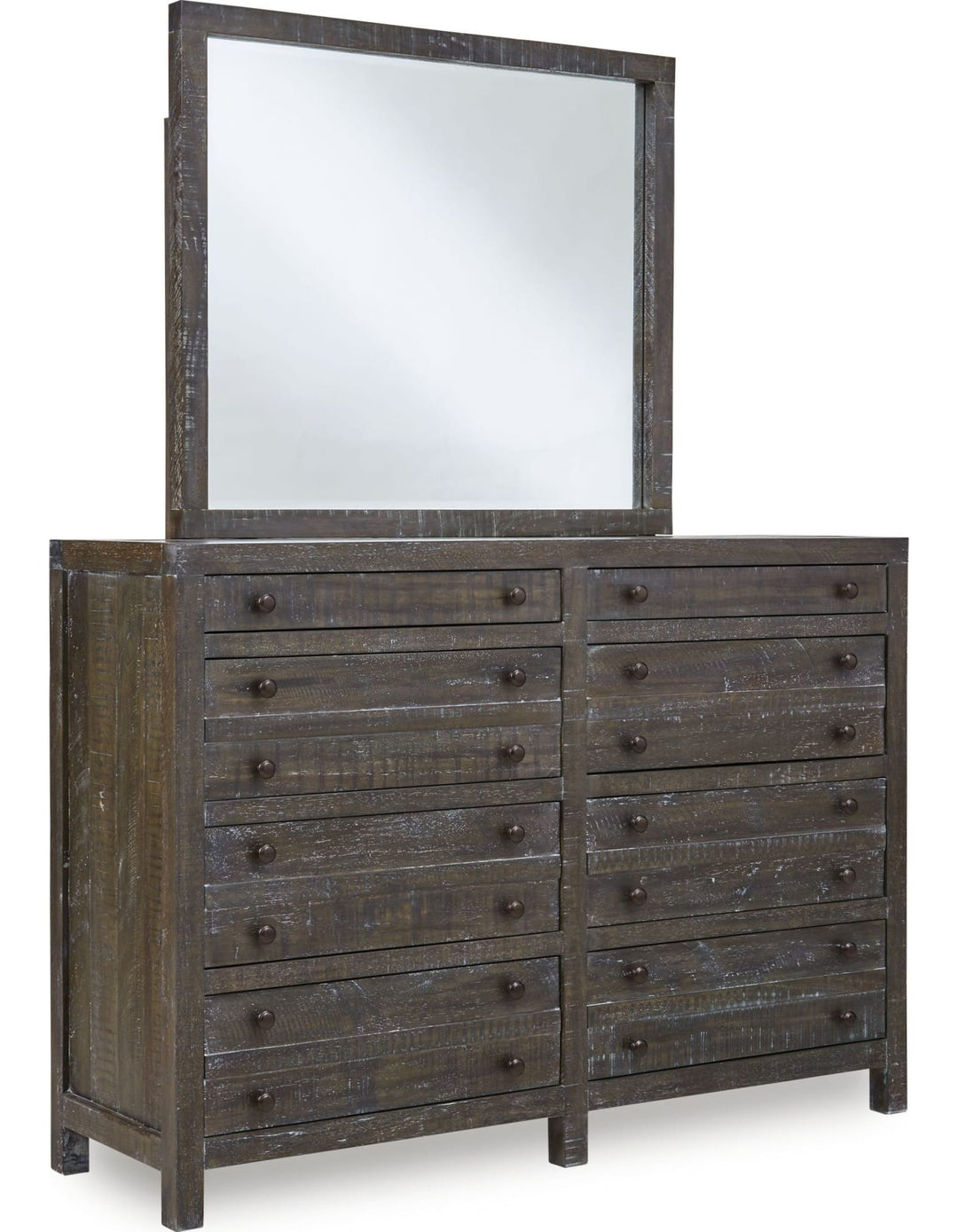 Townsend Eight Drawer Solid Wood Dresser in Gunmetal — on a white background with the matching mirror (sold separately)