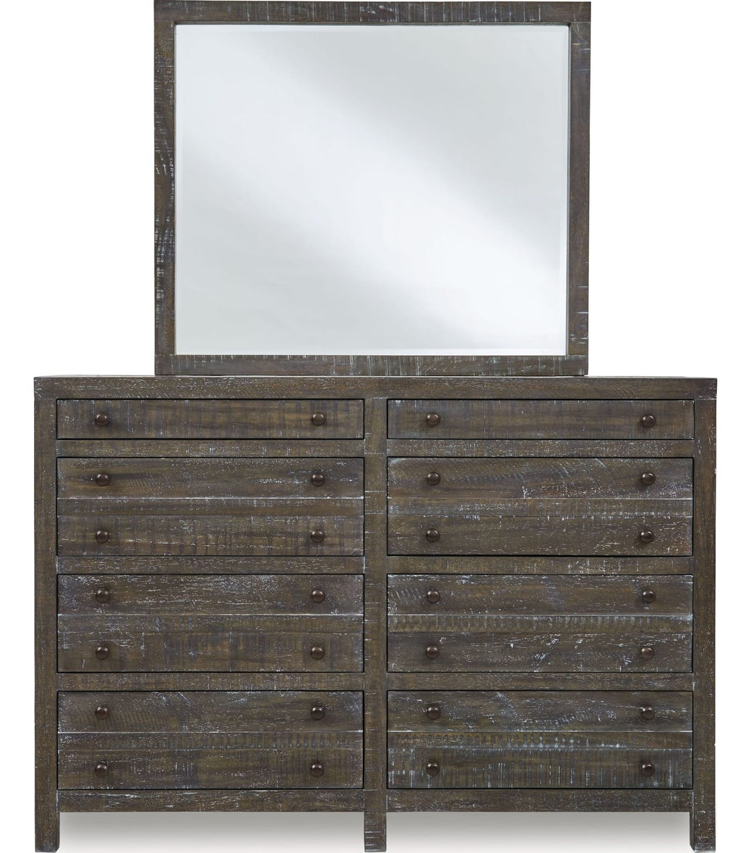 Townsend Eight Drawer Solid Wood Dresser in Gunmetal — on a white background with the matching mirror (sold separately)