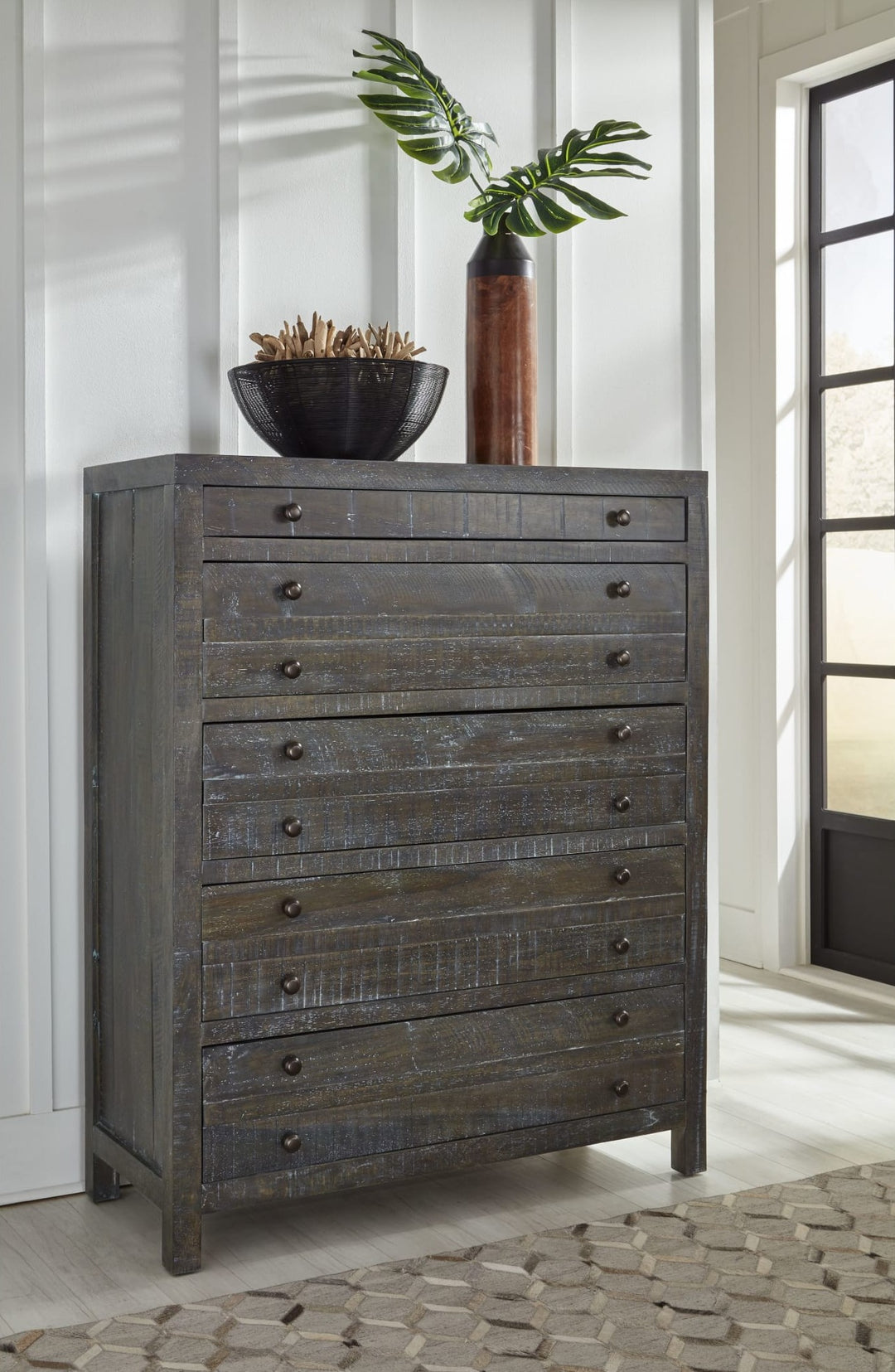 Townsend Five Drawer Solid Wood Chest in Gunmetal — styled in a room