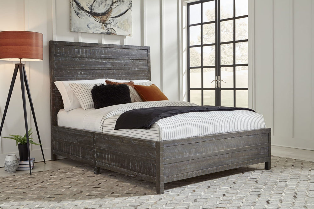 Townsend Solid Wood Low-Profile Bed in Gunmetal styled in a bedroom