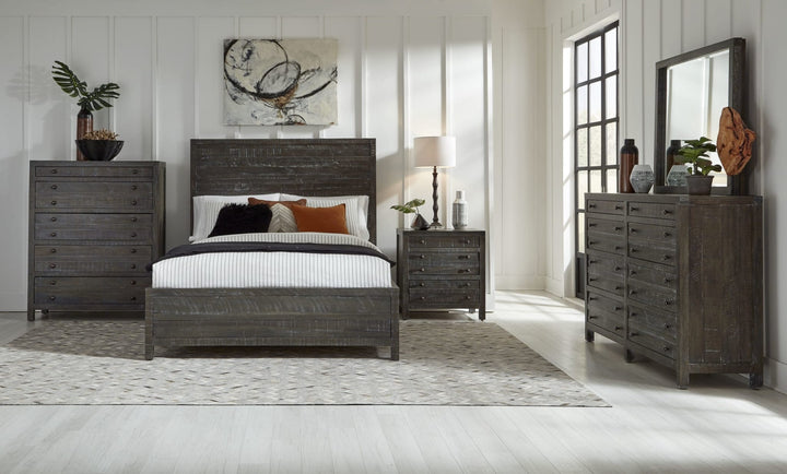 Townsend Solid Wood Low-Profile Bed in Gunmetal styled in a bedroom