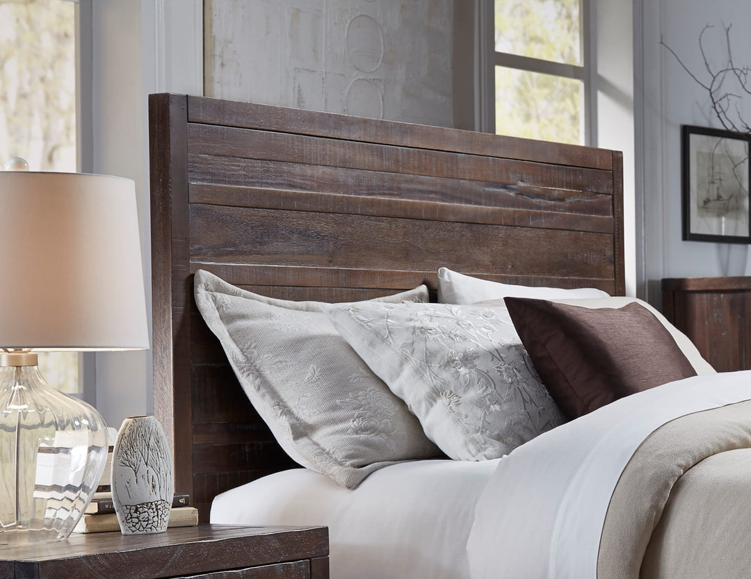 Townsend Solid Wood Panel Bed in Java styled in a bedroom