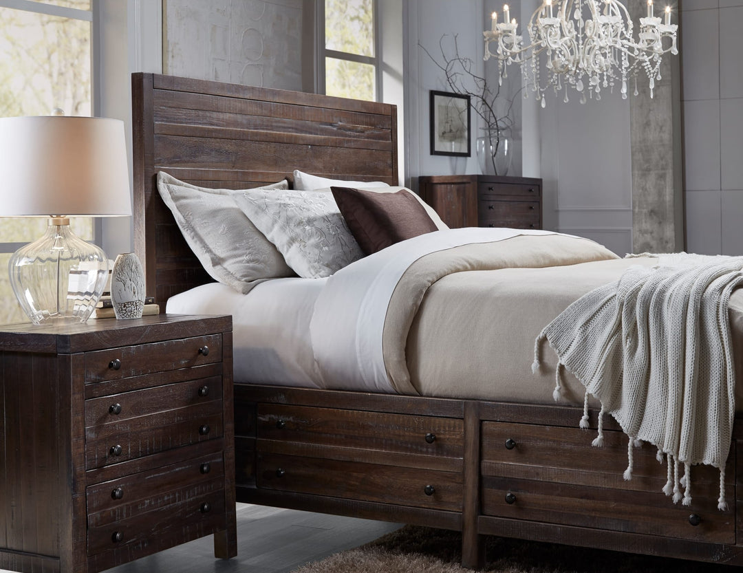 Townsend Solid Wood Storage Bed in Java styled in a bedroom