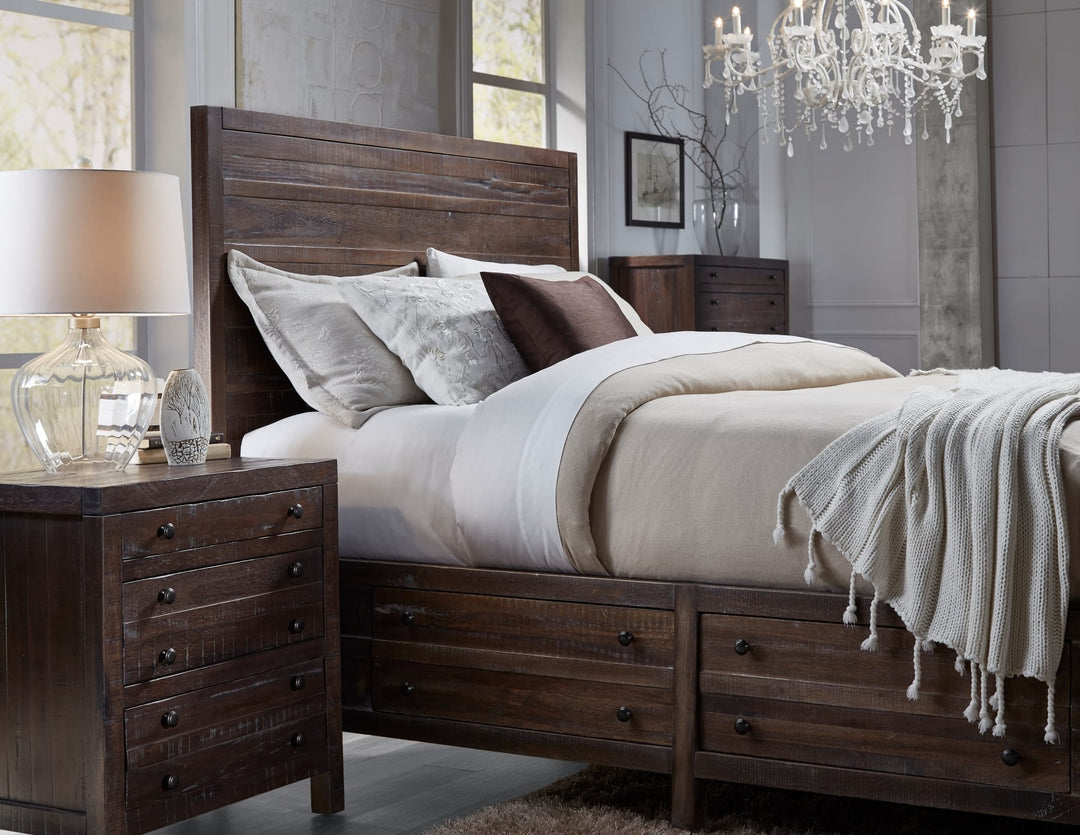 Townsend Three Drawer Solid Wood Nightstand in Java — in a bedroom setting