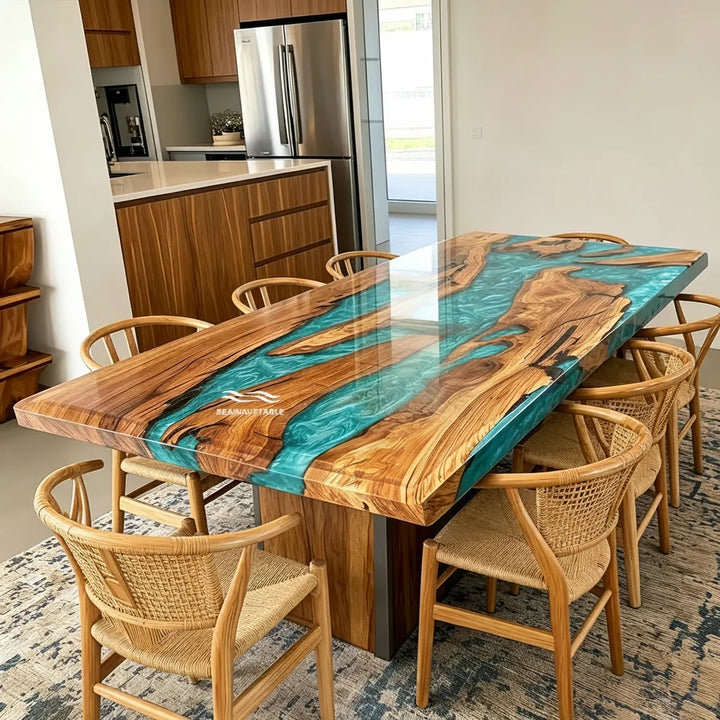 Olive Wood Turquoise River Dining Table by Thomas Dawn