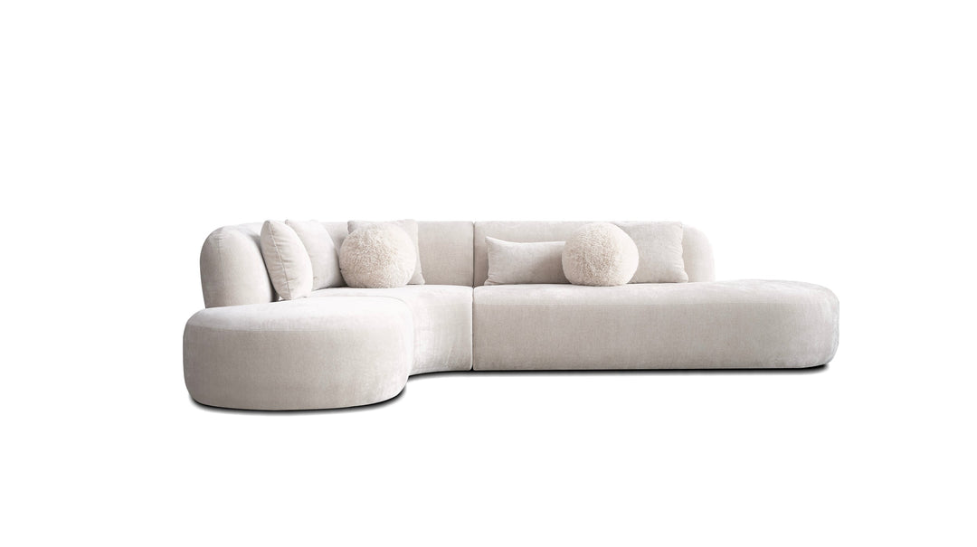 ITZA Sectional Chaise Facing Left Dark Cream with Soft Cream Square Pillows and Angora Ball Pillows