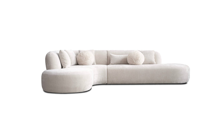 ITZA Sectional Chaise Facing Left Dark Cream with Soft Cream Square Pillows and Angora Ball Pillows