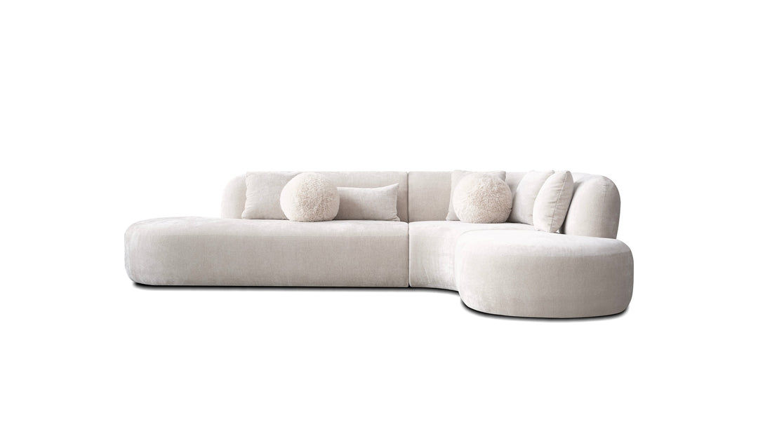 ITZA Sectional Chaise Facing Right Dark Cream with Soft Cream Square Pillows and Angora Ball Pillows