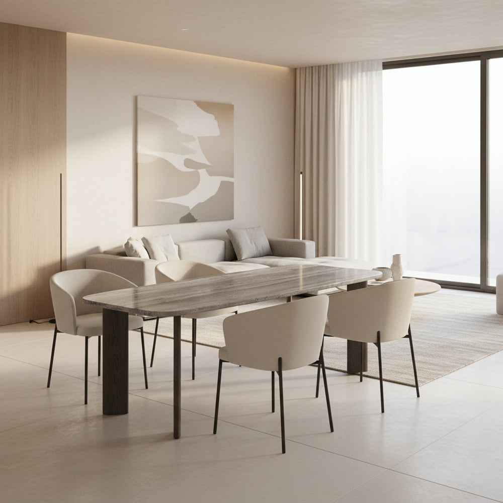 SHOKU Dining Table in Silver Grey Travertine Dining Tables Mobital