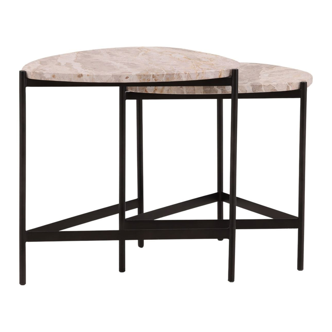 Vale nesting tables with natural marble tops and black iron bases, three-quarter studio view