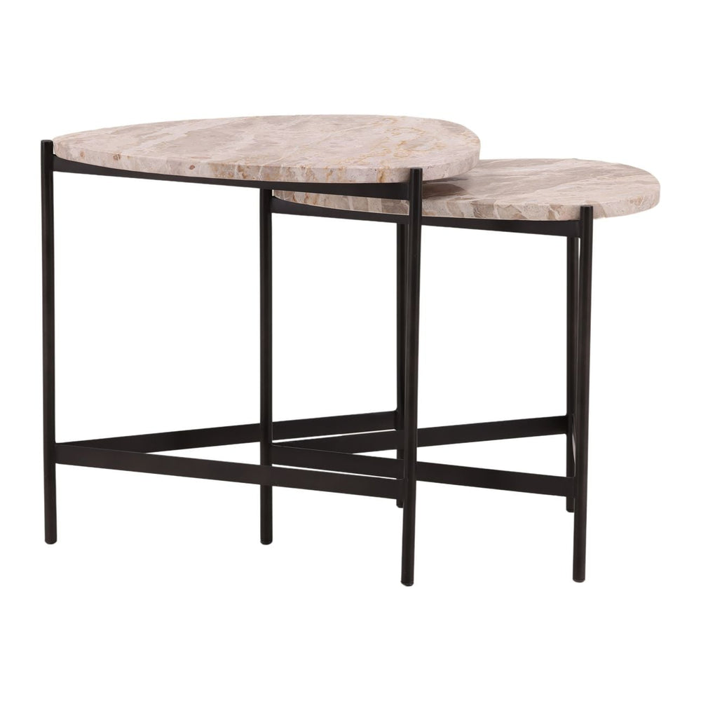 Vale marble nesting tables showing both graduated tabletops and black iron frames, front studio view