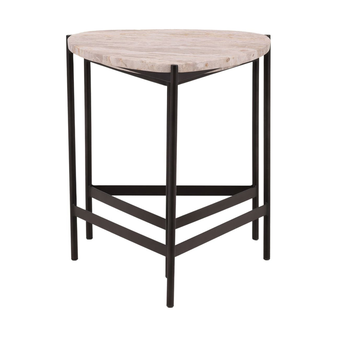 Vale nesting table set with natural marble tops and slim black iron bases, side studio view