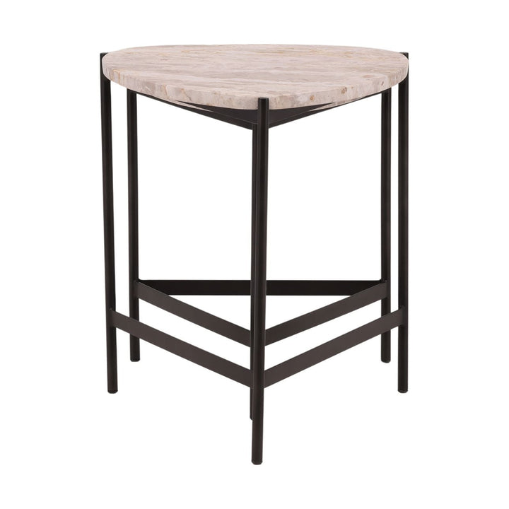 Vale nesting table set with natural marble tops and slim black iron bases, side studio view