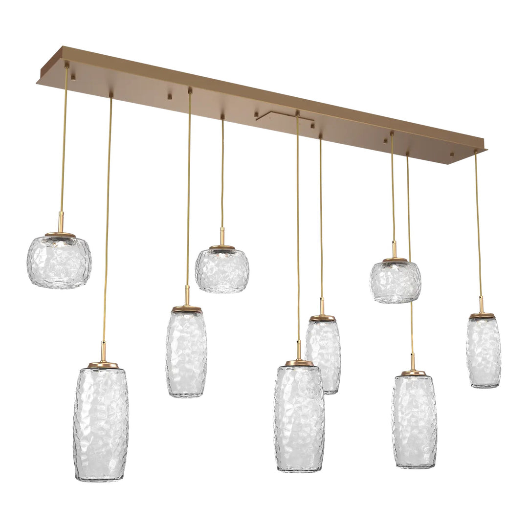 Vessel Linear Pendant Chandelier by Hammerton Studio in Novel Brass with Clear glass (9 Lights)