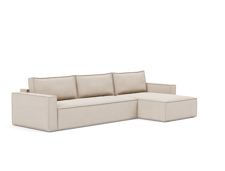 Newilla Sleeper Chaise Sectional (standard arm) by Innovation Living in Blida Sand Grey, sofa position, three-quarter view on white