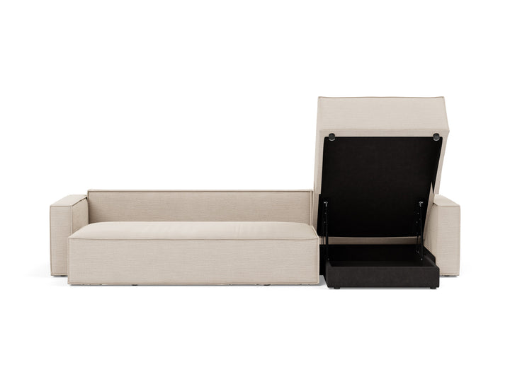 Newilla Sleeper Chaise Sectional (standard arm) by Innovation Living in Blida Sand Grey, relax position, front view on white