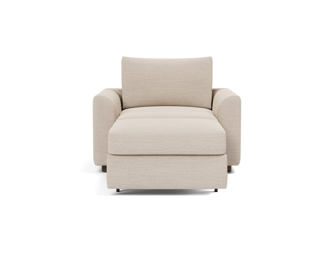 Neah Sleeper Chair (curved arms) by Innovation Living in Blida Sand Grey, lounger position, front view on white