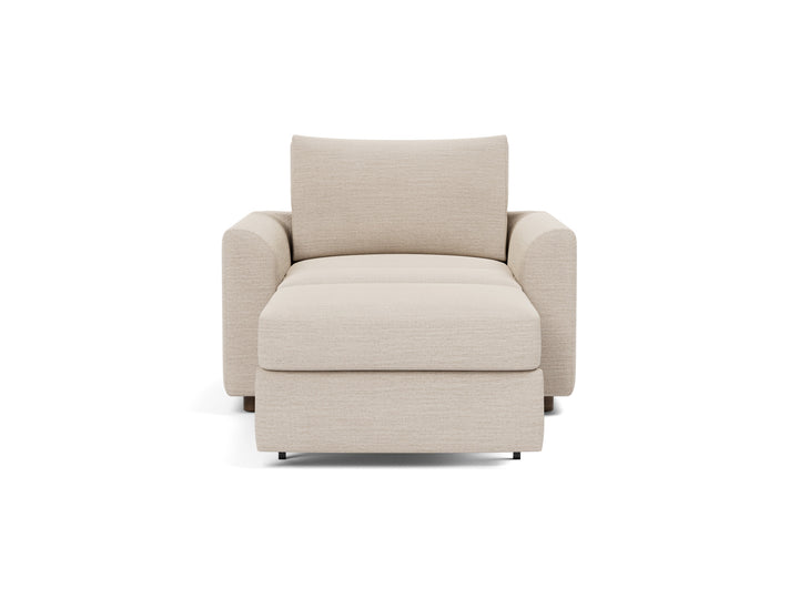 Neah Sleeper Chair (curved arms) by Innovation Living in Blida Sand Grey, lounger position, front view on white