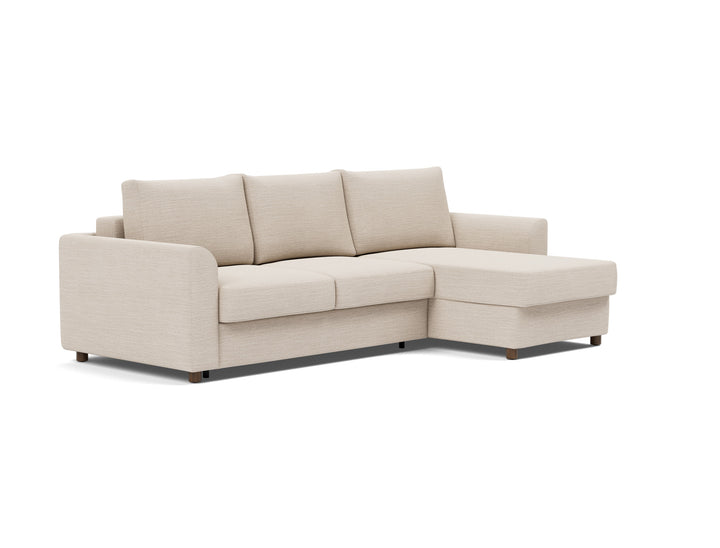 Neah Sleeper Chaise Sectional (curved arms) by Innovation Living in Blida Sand Grey, sofa position, three-quarter view on white