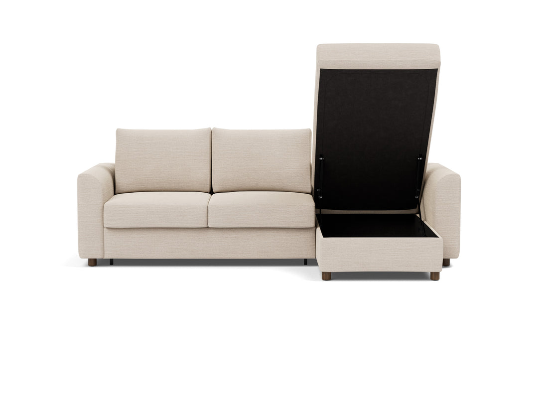 Neah Sleeper Chaise Sectional (curved arms) by Innovation Living in Blida Sand Grey, relax position, front view on white