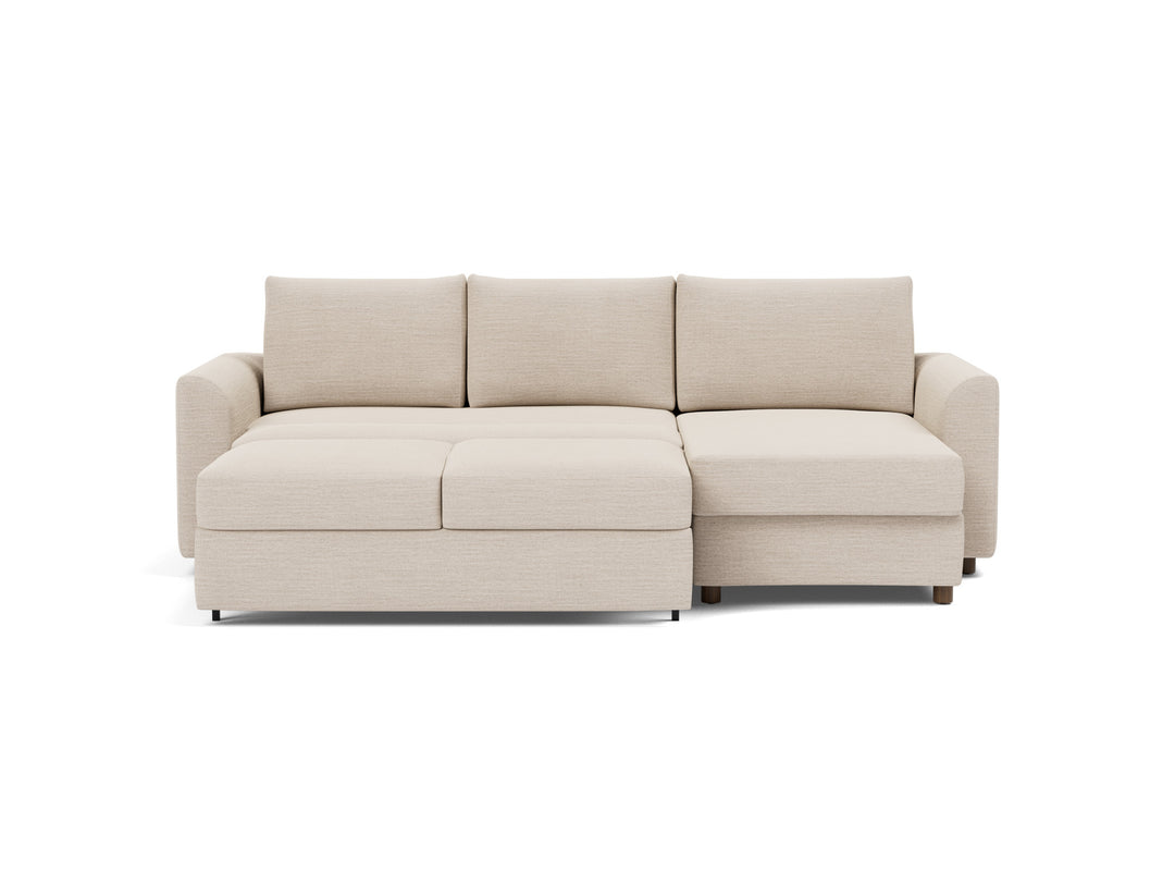 Neah Sleeper Chaise Sectional (curved arms) by Innovation Living in Blida Sand Grey, lounger position, front view on white